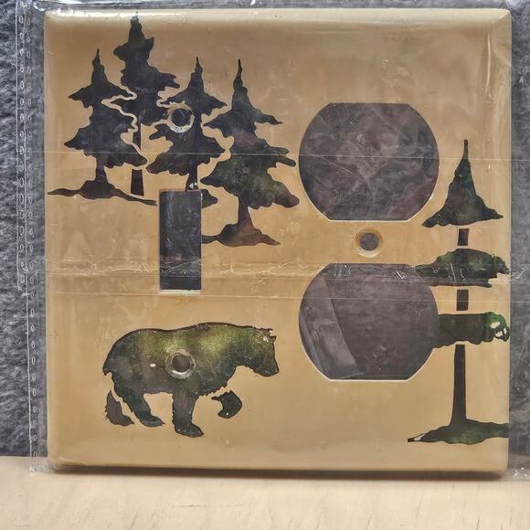 2 Cabin Plug and light switch covers Bear Pine Trees Forest Mancave Den Air B&B - Picture 1 of 6